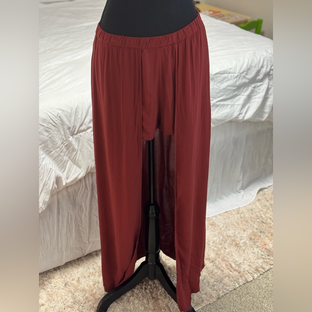 Living Doll Maroon Sheer Slit Wide Leg Palazzo Pants Plus Size 1X
